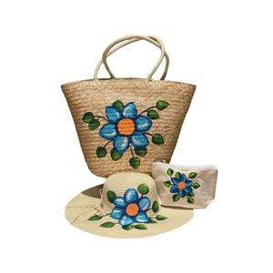 Floral Hand Painted Beach Bag with Matching Hat & Makeup Bag !